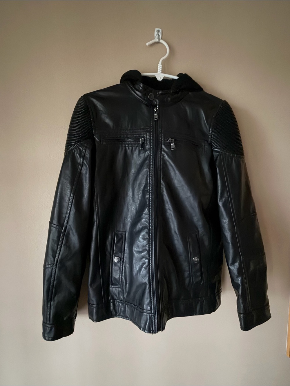 Youth XL Urban Republic Black Faux Leather Hooded Bomber Jacket